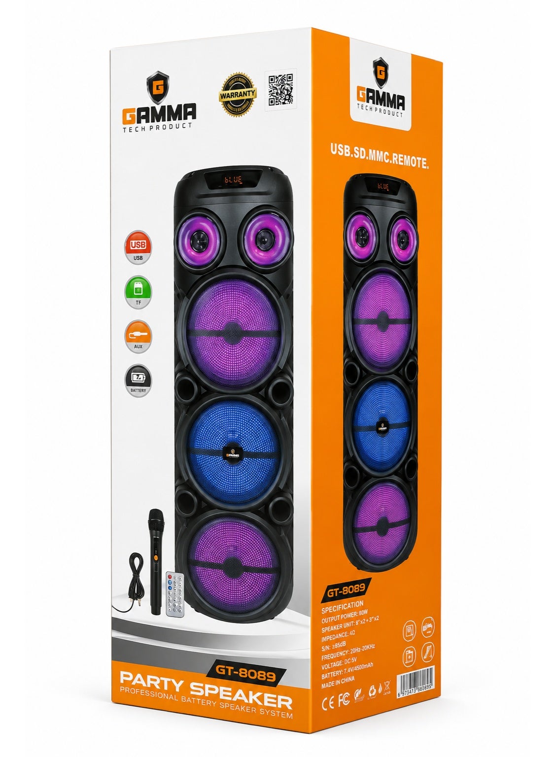 GT-8088 Party Speaker, Powerful Deep Bass Multimedia Speaker with Treble & Bass Control, Microphone Input, Master Volume