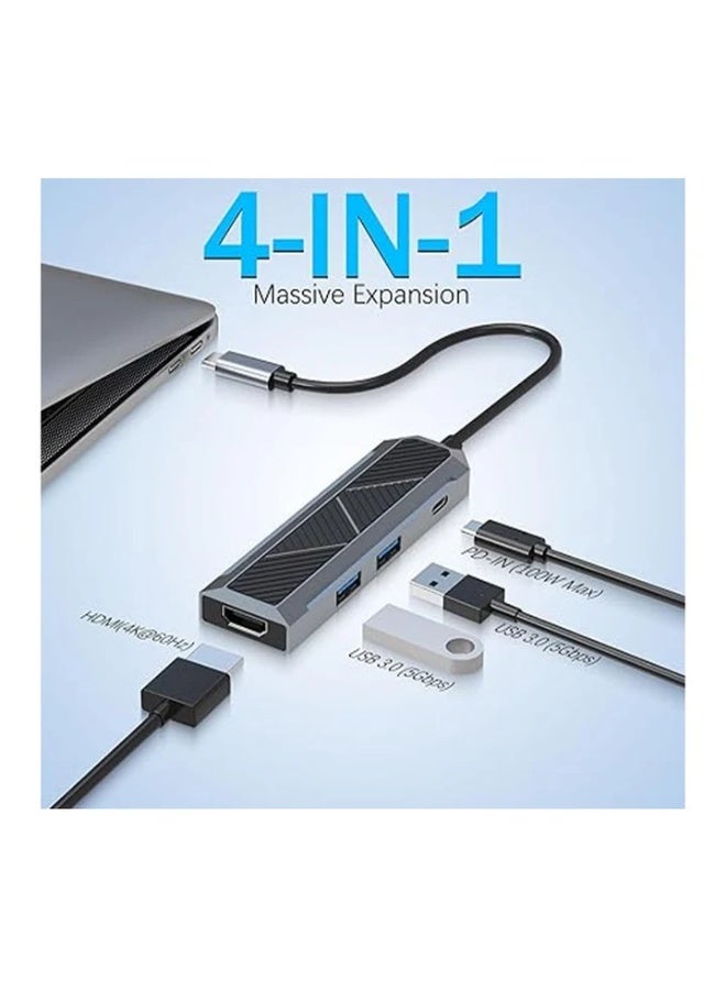 4 in 1 USB-C Hub with 4K 60Hz HDMI Splitter, 100W PD Charging, 2X USB-A 3.0 5Gbps, RGB Lighting, Aluminum Build Docking