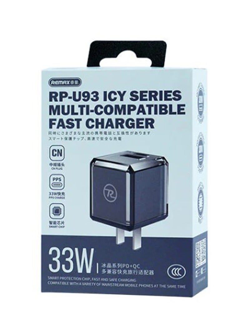 Fast Charger ICY Series RP-U93 , 33W with 2 port Compatible (PD+QC) for phone