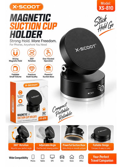 XS-810 Magnetic Suction Cup Phone Holder with 360° Rotation, One-Hand Operation, Foldable Compact Design & Vacuum Suctio