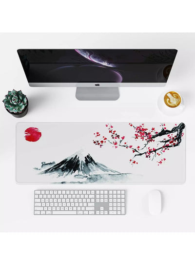 Japanese Cherry Blossom Design White Mouse Pad, Large Extended Mouse Pad for Office with Stitched Edges and Non-Slip Rub