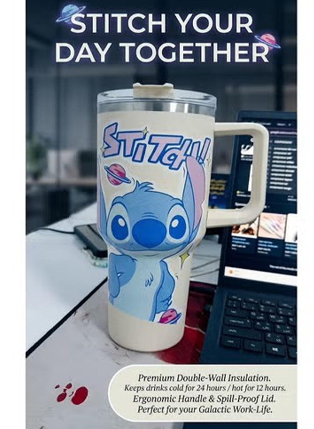 Thermal Mug 1200ML with Handle – Double Wall Vacuum Insulated Stainless Steel Tumbler with Lid, Stitch Cartoon Printed D