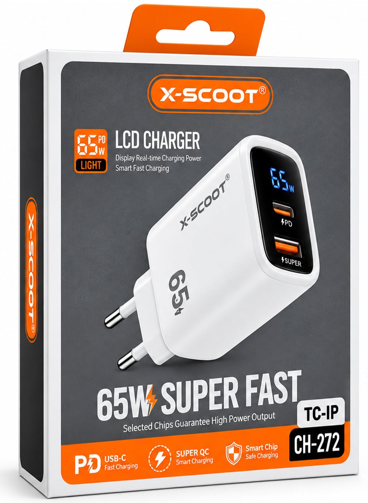 CH-272 65W Smart Fast Wall Charger with LCD Power Display, Dual-Port USB-C & USB-A Charging Adapter, AC 100–240V Travel