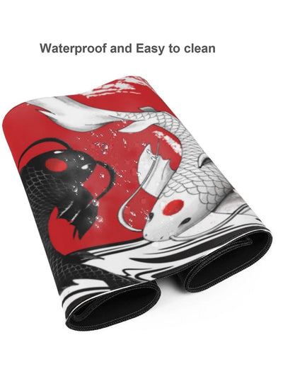 Japanese Black White Yin Yang Koi Fish Kanagawa Wave Mouse Pad XL Extended Desk Mat, Non Slip Rubber Base Stitched Edge