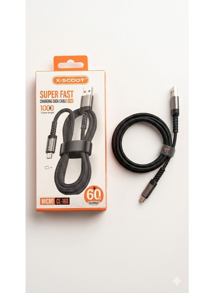 كابل شحن X-SCOOT سريع مضفر 60W من USB إلى Micro موديل CL160 أسود