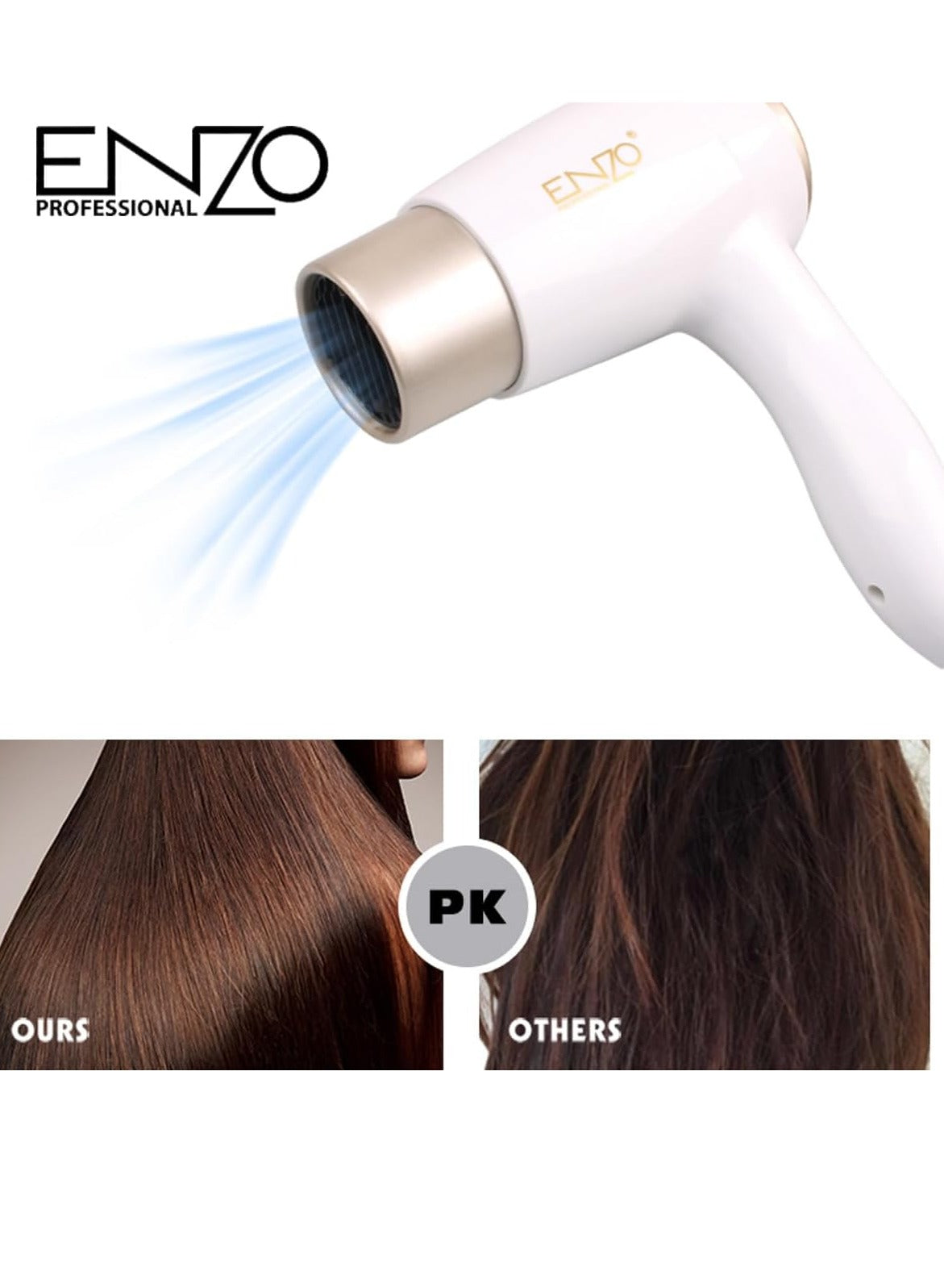 ENZO Professional Hair Dryer - 3000 Watts, Smooth Even Airflow, Removable Air Inlet Grill, Wind Power Regulating Switch, Temperature Control Switch, Overheating Protection Device EN-6622