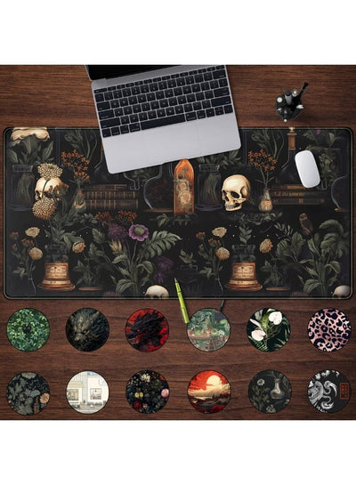 Vintage Aesthetic XL Extended Large Gaming Mouse Pad - Black Academia Mystical Green Plant Design - Computer Laptop Keyb
