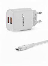 شاحن حائط X-SCOOT CH-236 منفذين USB بقوة 2.1A مع كابل Type-C – أبيض
