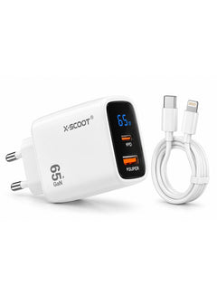 شاحن حائط X-SCOOT CH-272 بقوة 65W مع شاشة LCD لعرض القدرة وكابل Type-C إلى Lightning – أبيض