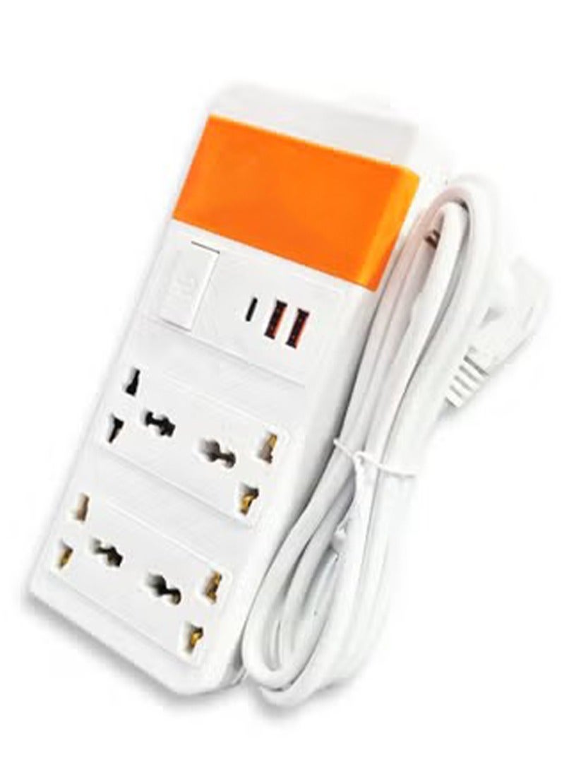 مشترك كهرباء المغربي 4 منافذ 2500W بمنافذ 2USB وType-C موديل 8804U أبيض وبرتقالي