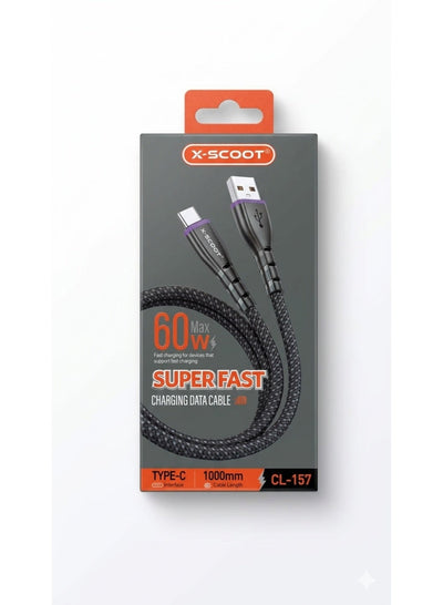 كابل شحن X-SCOOT سريع منسوج من USB إلى Type-C موديل CL157 أسود