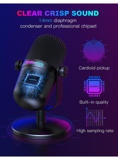 Professional USB Gaming Microphone with Noise Cancellation, RGB Streaming, Podcast, Recording & Gaming Microphone for PC