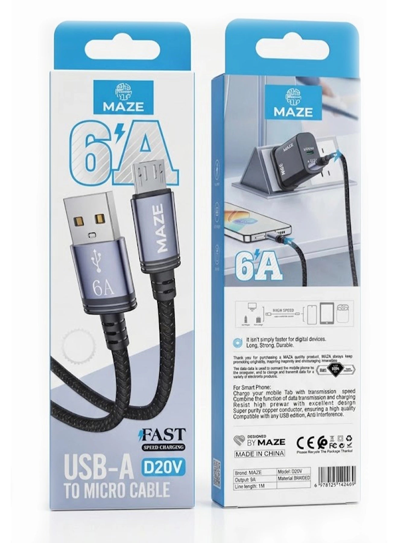 كابل MAZE D20V شحن سريع Micro USB قوة 6A أسود