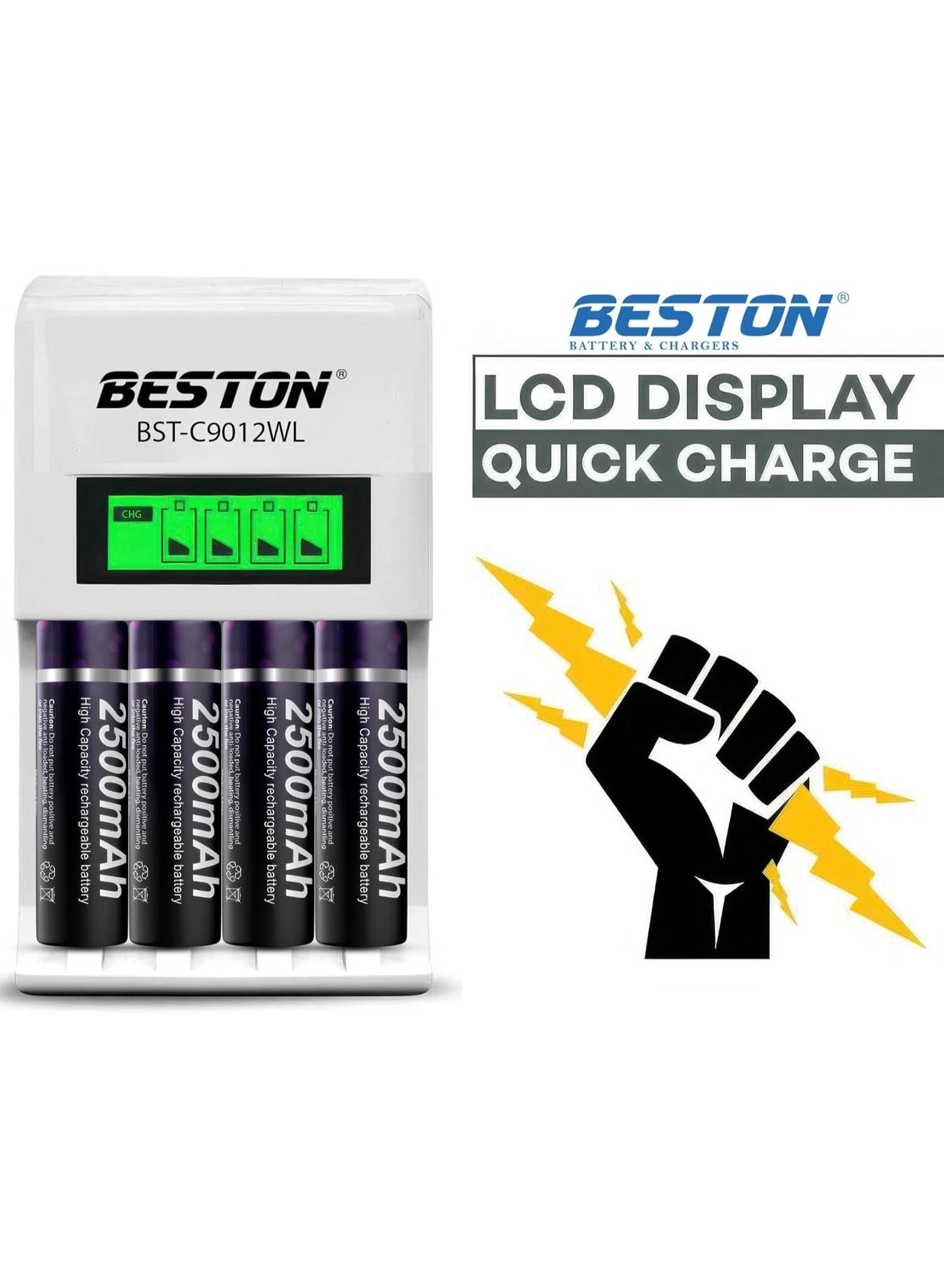 شاحن بطاريات BESTON BST-C9012WL مع 4 بطاريات AA أبيض