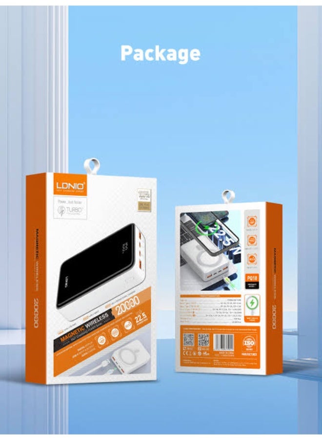 باور بانك LDNIO PQ18 مغناطيسي لاسلكي 20000mAh شحن 15W أبيض
