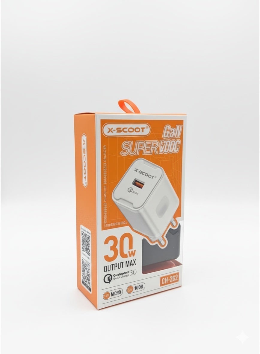 شاحن حائط X-SCOOT سريع 30W مع كابل Micro وتقنية QC 3.0 موديل CH-262 أسود