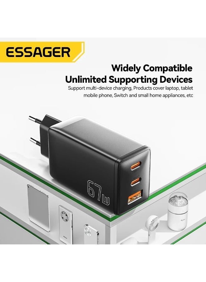 شاحن حائط ESSAGER G671A2CU GaN قوة 67W 3 منافذ QC4.0 أسود