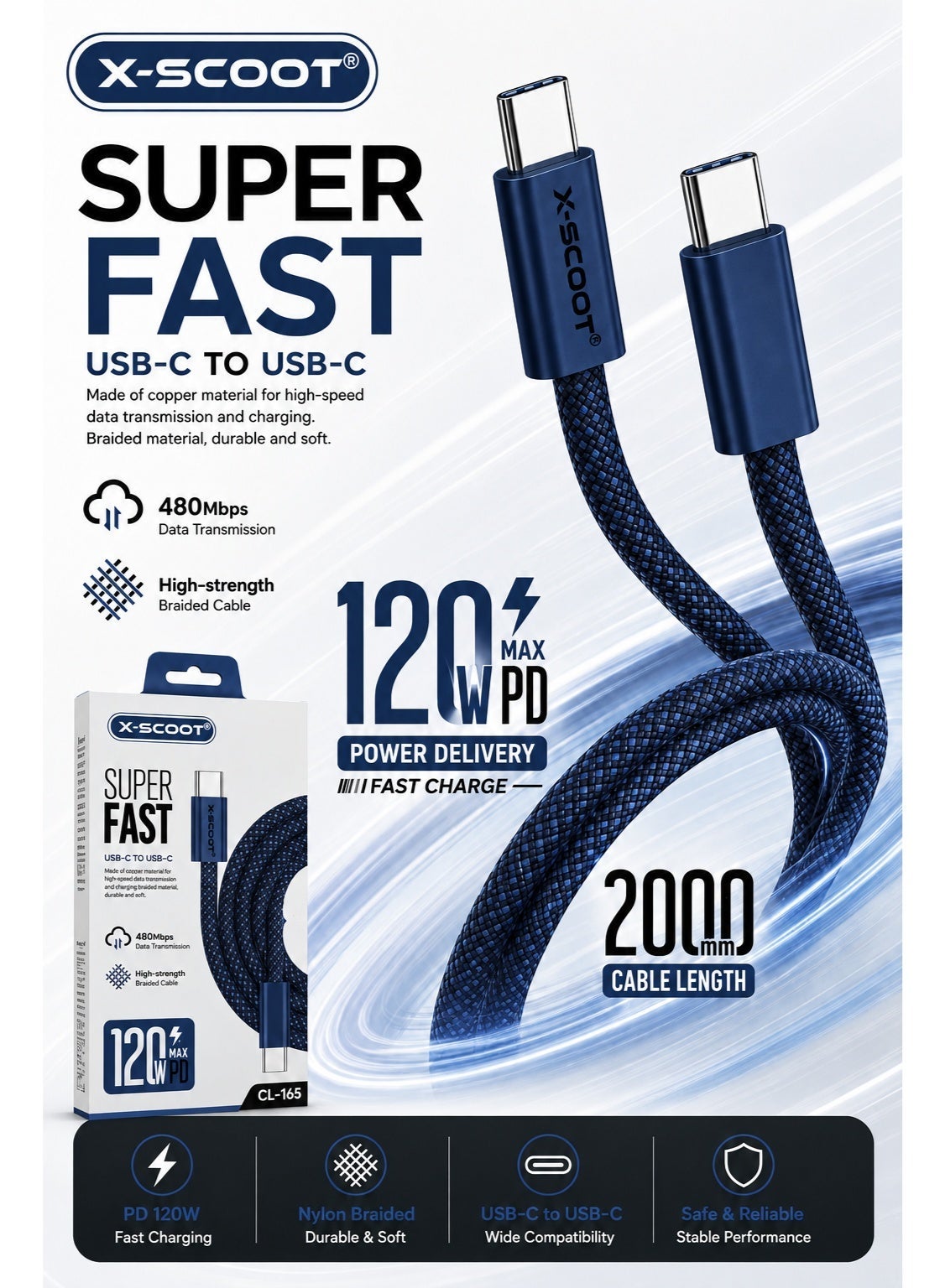 TYPE-C to TYPE-C 120W Fast Charging Cable – 2 Meter, Ultra-Fast Charging & High-Speed Data Transfer, Premium Nylon Braid