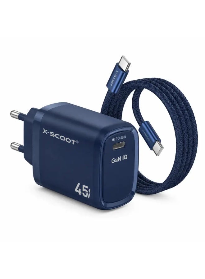 شاحن حائط X-SCOOT CH-274 GaN 45W كابل Type-C مضفر أزرق