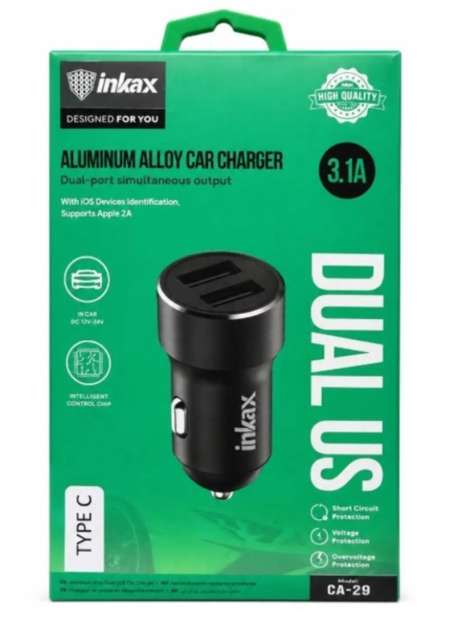 CA-29 Dual USB Car Charger 3.1A Fast Charging Adapter, Aluminum Alloy Metal Car Charger with Dual Port Output, Intellige