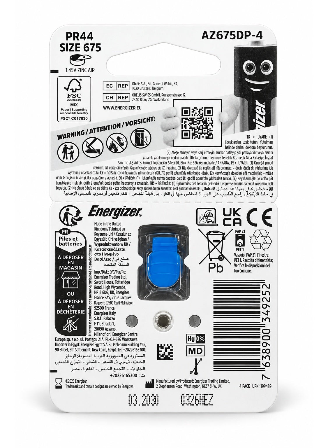 AZ675DP-4 Size 675 / PR44 Zinc Air Hearing Aid Batteries, 1.45V, 4-Pack, Mercury-Free 0% Hg, Long-Lasting Reliable Power