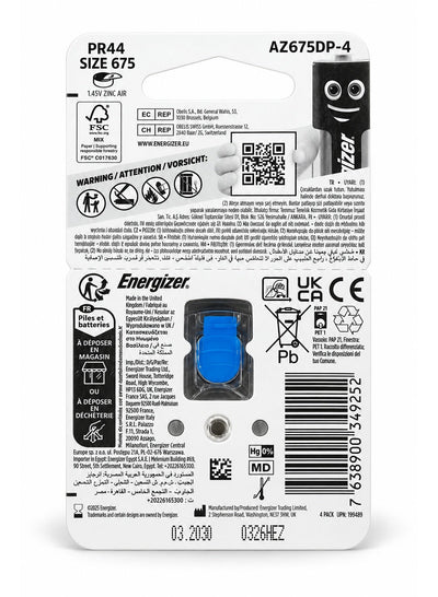 AZ675DP-4 Size 675 / PR44 Zinc Air Hearing Aid Batteries, 1.45V, 4-Pack, Mercury-Free 0% Hg, Long-Lasting Reliable Power