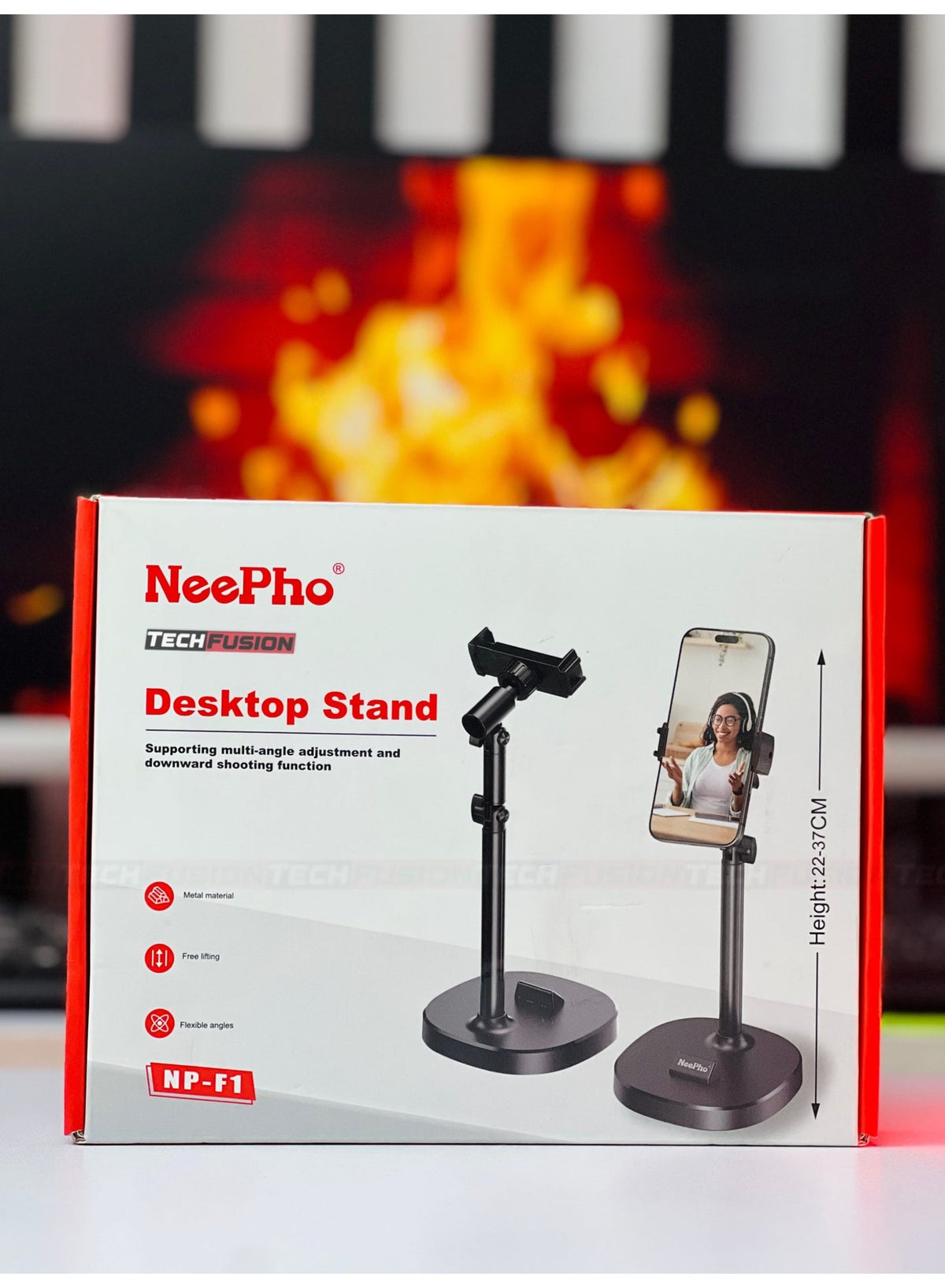 Desktop Phone & Tablet Stand – Adjustable Height (22–37 cm),  Stable Metal Base for Calls, Viewing & Recording – Black