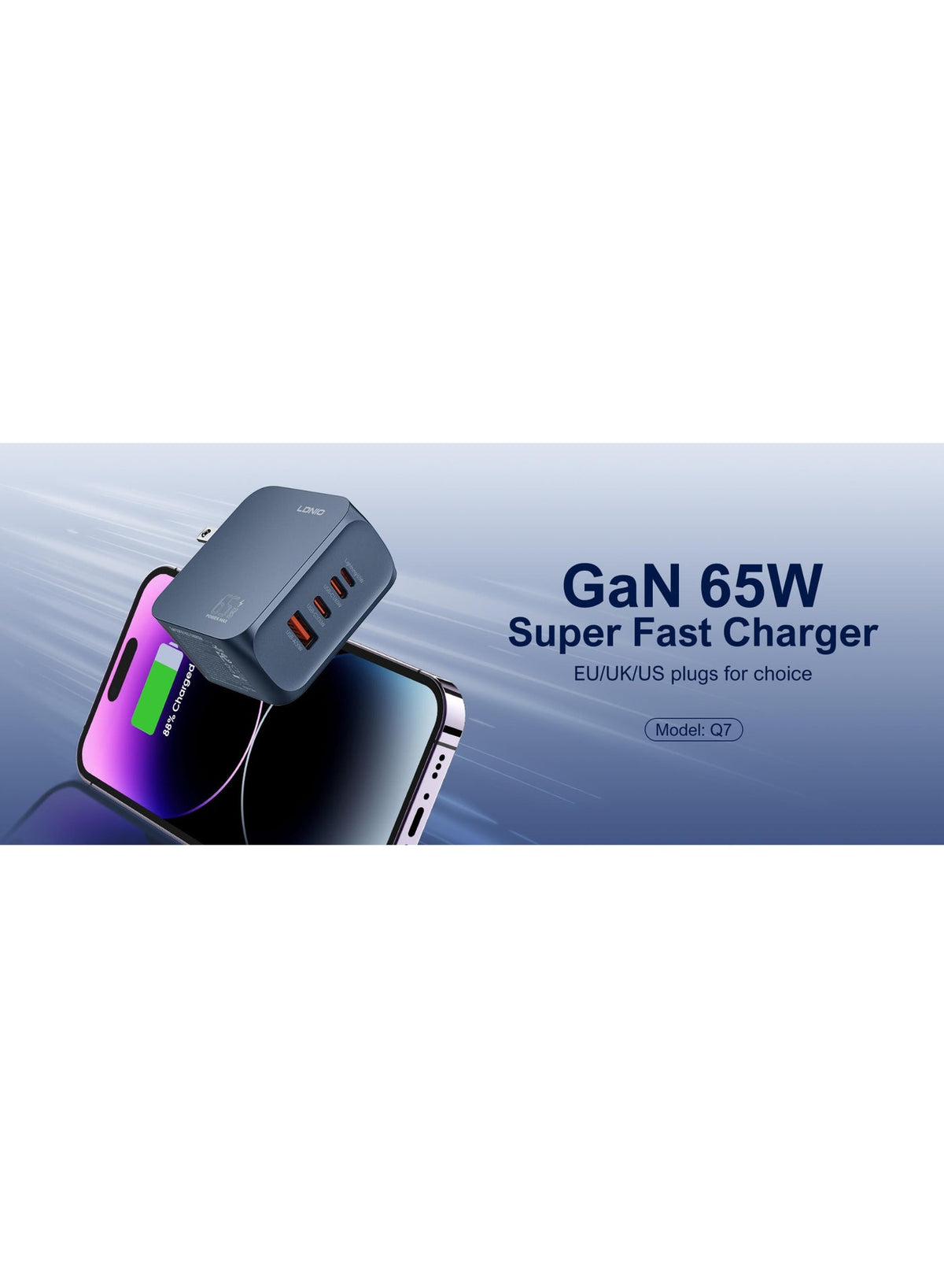 65W PD Super Fast Wall Charger with Dual USB-C, USB-A and Lightning Ports, Power Delivery PPS Fast Charging Adapter for 