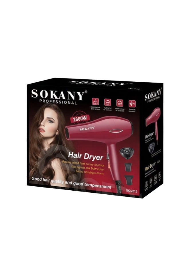 SK-2215 Professional Ionic Hair Dryer 2600W with 3 Head , Concentrator Nozzle , Fast Drying, 2 Speeds & 2 Heat Settings,
