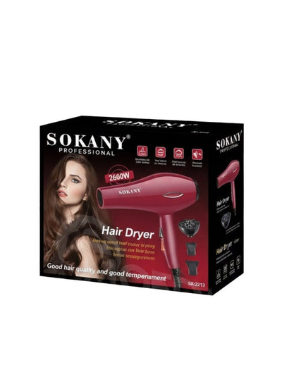 SK-2215 Professional Ionic Hair Dryer 2600W with 3 Head , Concentrator Nozzle , Fast Drying, 2 Speeds & 2 Heat Settings,