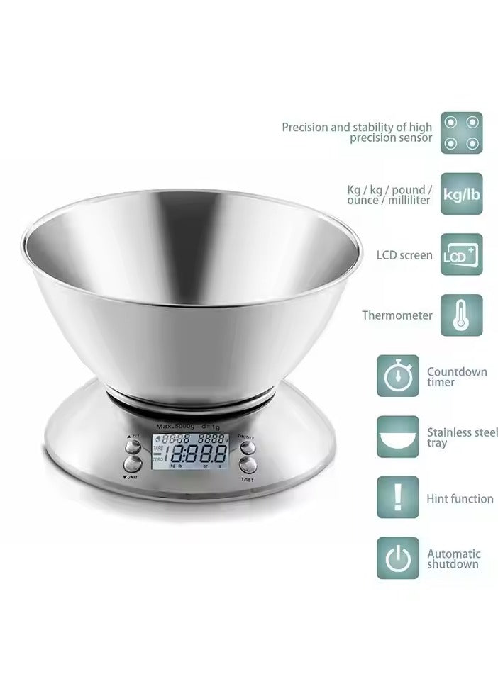 Kitchen Digital Scale with Detachable Stainless Steel Bowl 1.8lb/5kg, with Ambient Temperature Sensor and Cuisine Precision Kitchen Scales