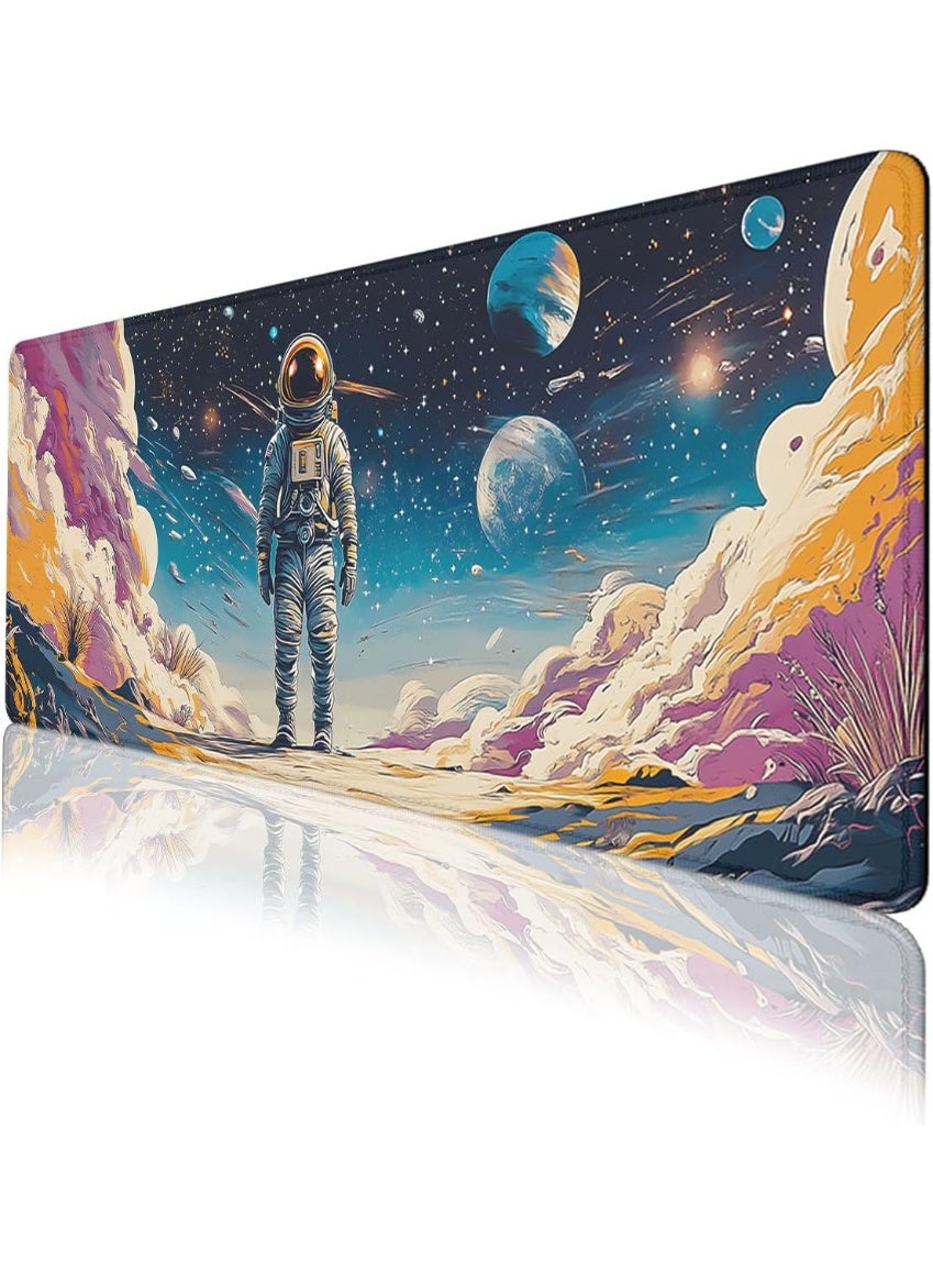 Astronaut Desk Pad Mouse Pad Psychedelic Space Fantasy Planet Extended Gaming Mouse Pad Mat with Stitched Edge Non-Slip 