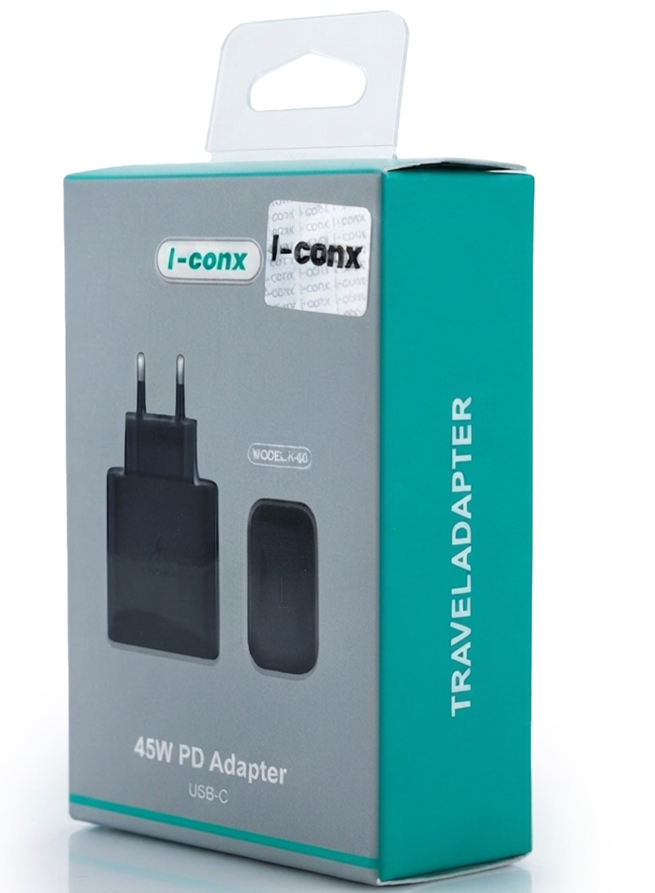 شاحن حائط I-conx K-60 قوة 45W منفذ USB-C تقنية PD أسود