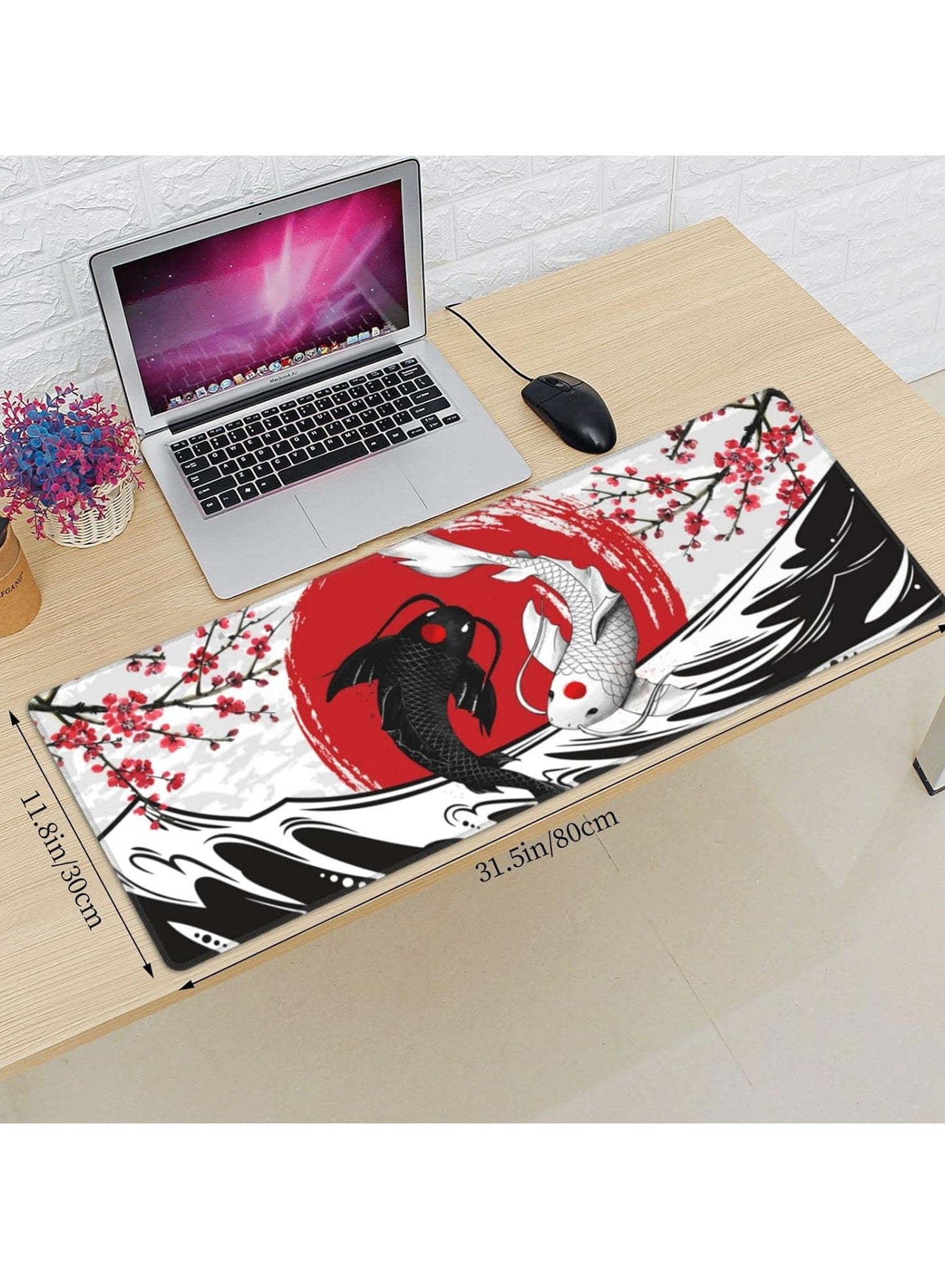 Japanese Black White Yin Yang Koi Fish Kanagawa Wave Mouse Pad XL Extended Desk Mat, Non Slip Rubber Base Stitched Edge Gaming Pc Desktop Large Mice Pad ( 80x30x2mm )