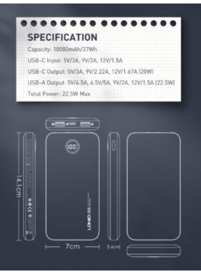 PQ10 10000mAh Fast Charging Power Bank with 22.5W USB Output, 18W USB-C Input, Dual USB Ports, LED Digital Display, Ultr
