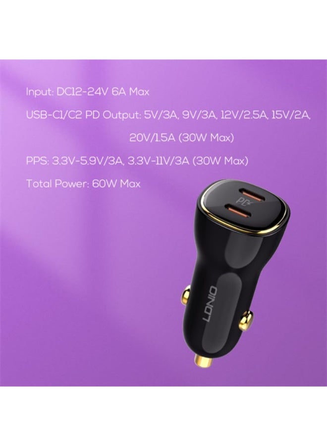 60W Dual Port Super Fast Car Charger with PD 30W USB-C and QC 30W USB-A Fast Charging, USB-C to USB-C Cable Included, Hi