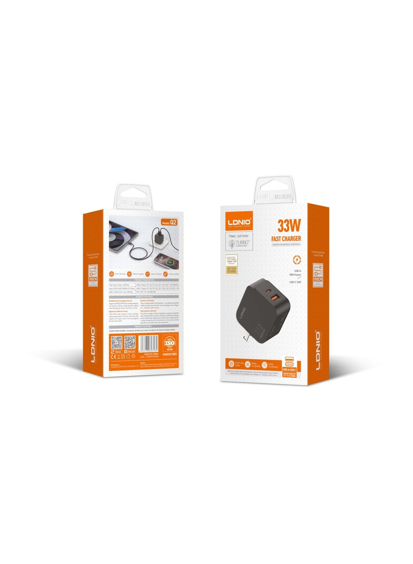 شاحن سفر LDNIO Q2 قوة 33W منفذين PD كابل USB-A أسود