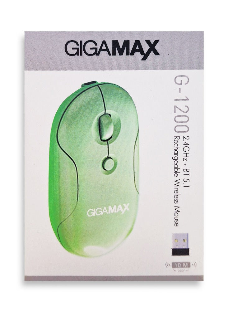 Gigamax Wireless Desk Mouse, G-1200, 1600 DPI Wired/Wireless Functional Mouse with 3 Modes Connectivity, Bluetooth and 2.4G Wireless, 4 Macro Buttons, Long Lasting Rechargeable Battery Capacity and for PC/Mac/Laptop Used in Home and office, Green