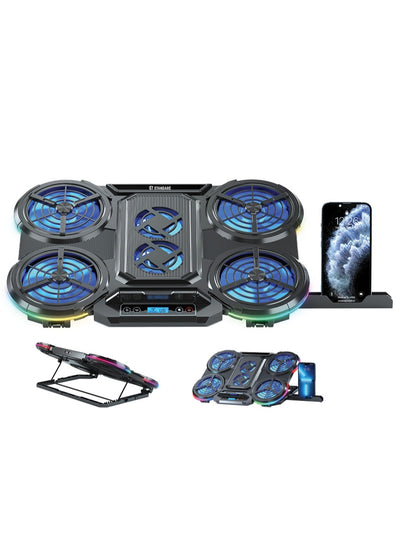 Standard Laptop Cooler Support ICE-08 With 10 RGB Lighting Modes , LCD Screen - With blue Led of fans , 2USB ports & 7 Levels And mobile phone holder ( 410x285x40mm )