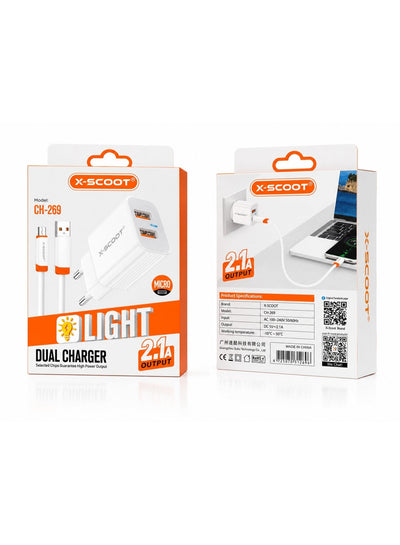 CH-269 2.1A Fast Wall Charger with Micro USB Cable – Safe & Stable Charging, Heat-Resistant Design, Intelligent Protecti