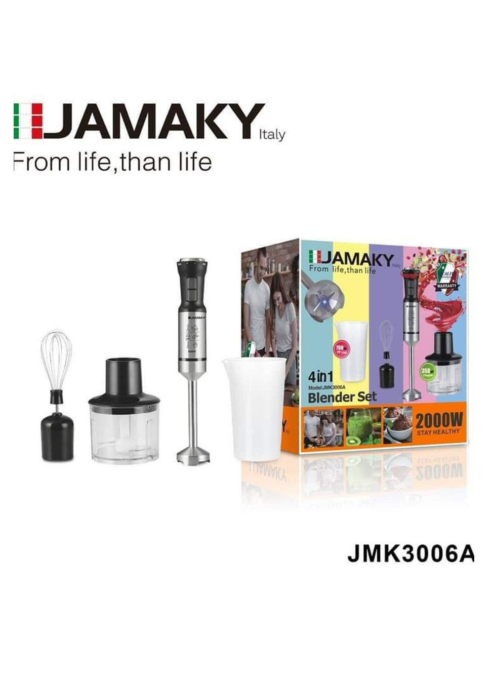 JAMAKY Italy Electric Food Mixer Kitchen Hand Blender Set , Multi-Speed Stainless Steel 2000W - JMK3006A