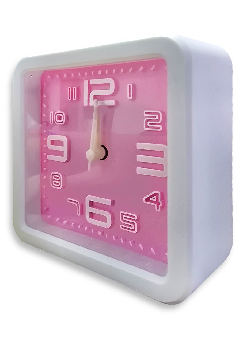 Charming mini cartoon alarm clock, cute desk decor, special gift, square bedroom decor, creative design and elegant pink background with classic white frame.