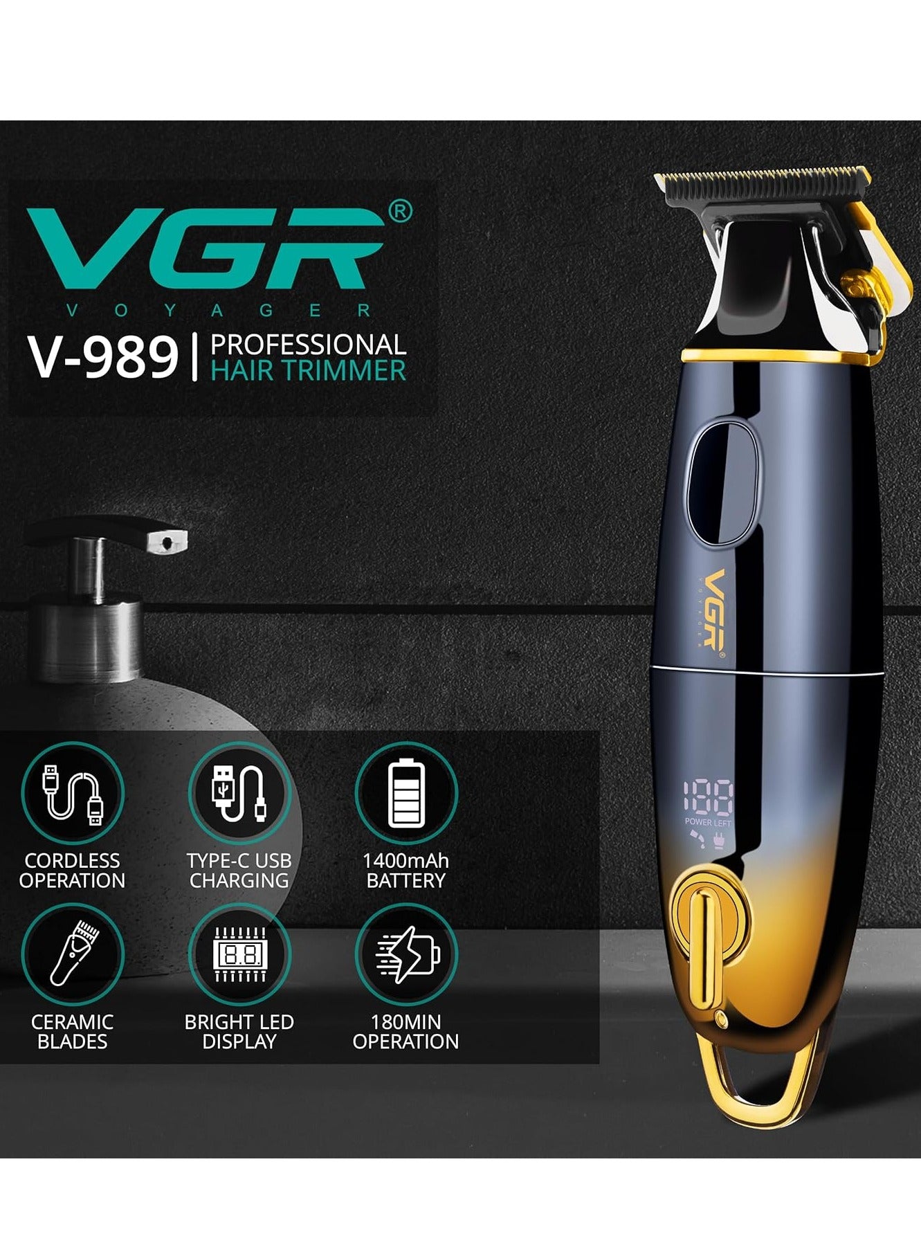 VGR Electric Beard Trimmer for Men - Rechargeable 180 min Battery - 7000 RPM - Ceramic Blades - Mens Cordless Hair Clippers - Professional Trim for Face, Neck, Sideburns, Stubble and Moustache