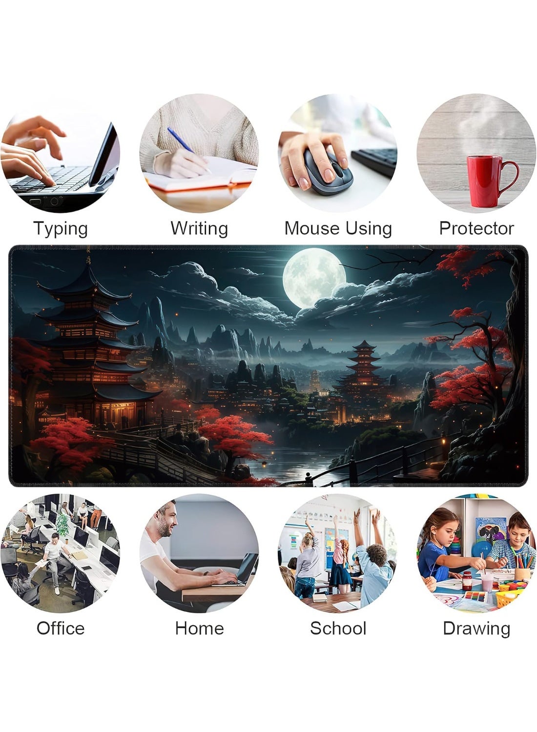 وسادة ماوس يابانية بتصميم القمر الكامل، كبيرة جدًا وممتدة، مثالية للألعاب، بحواف مخيطة، مقاس 80×30 سم، مناسبة للاستخدام 