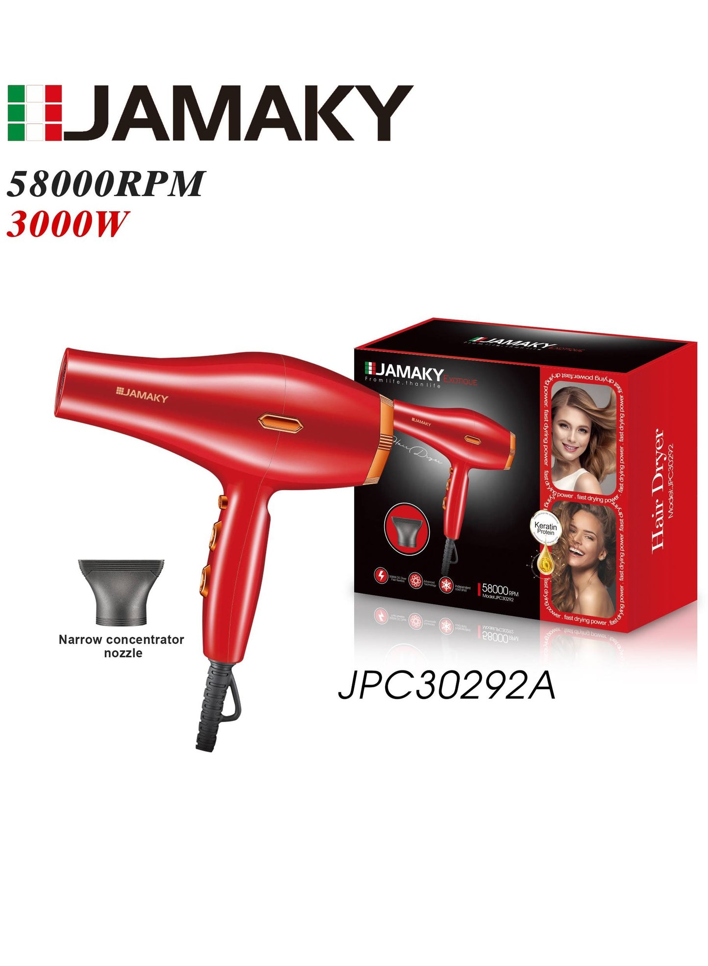 JAMAKY Italy Professional JPC30292 Cold air Function Hair Dryer 3000W/ 2-Speed and 3 temperature setting \Cool button-locks in styles\red , with Italian technology