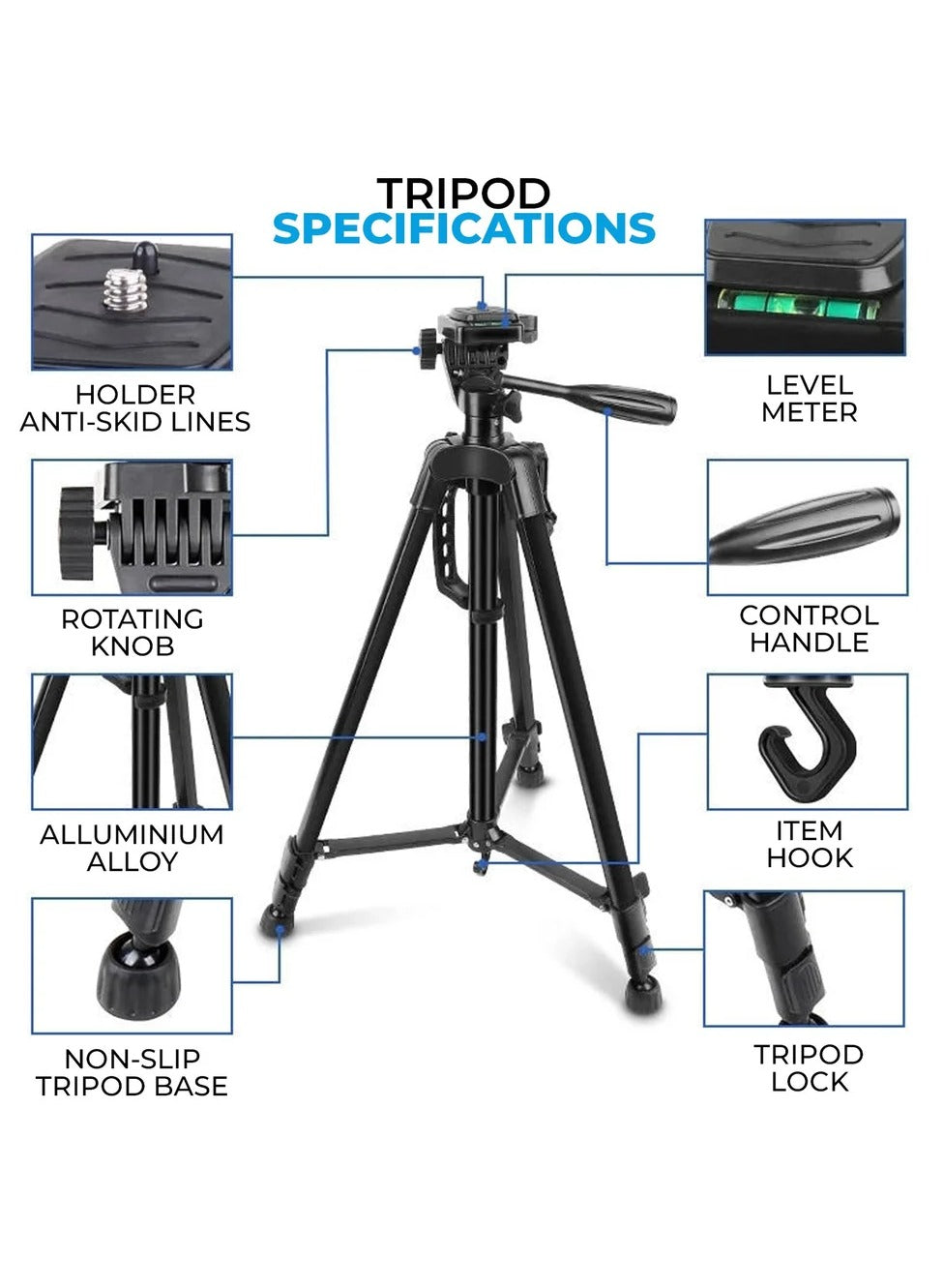 Black Lightweight Tripod 3366 Aluminium Tripod Stand, Mobile and Cameras , Extendable , 360 degree rotatable , compatible with the majority of the devices like SLR, DSLR, DVR and Video Cameras, Smartphones