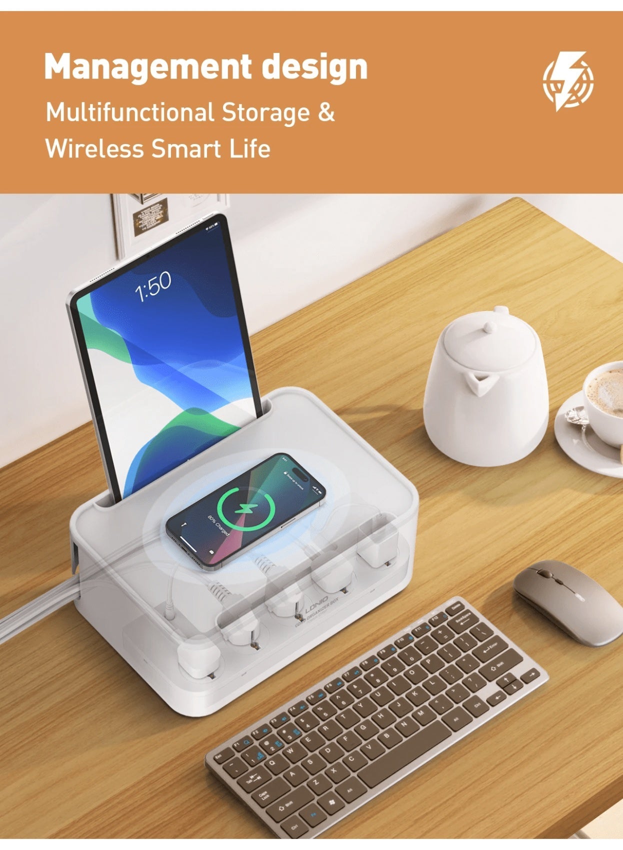 SN5310W 15W Wireless Charging Power Strip with 2M Extension Cord, 2500W Surge Protector, USB-C PD 20W, QC 3.0 Fast Charg