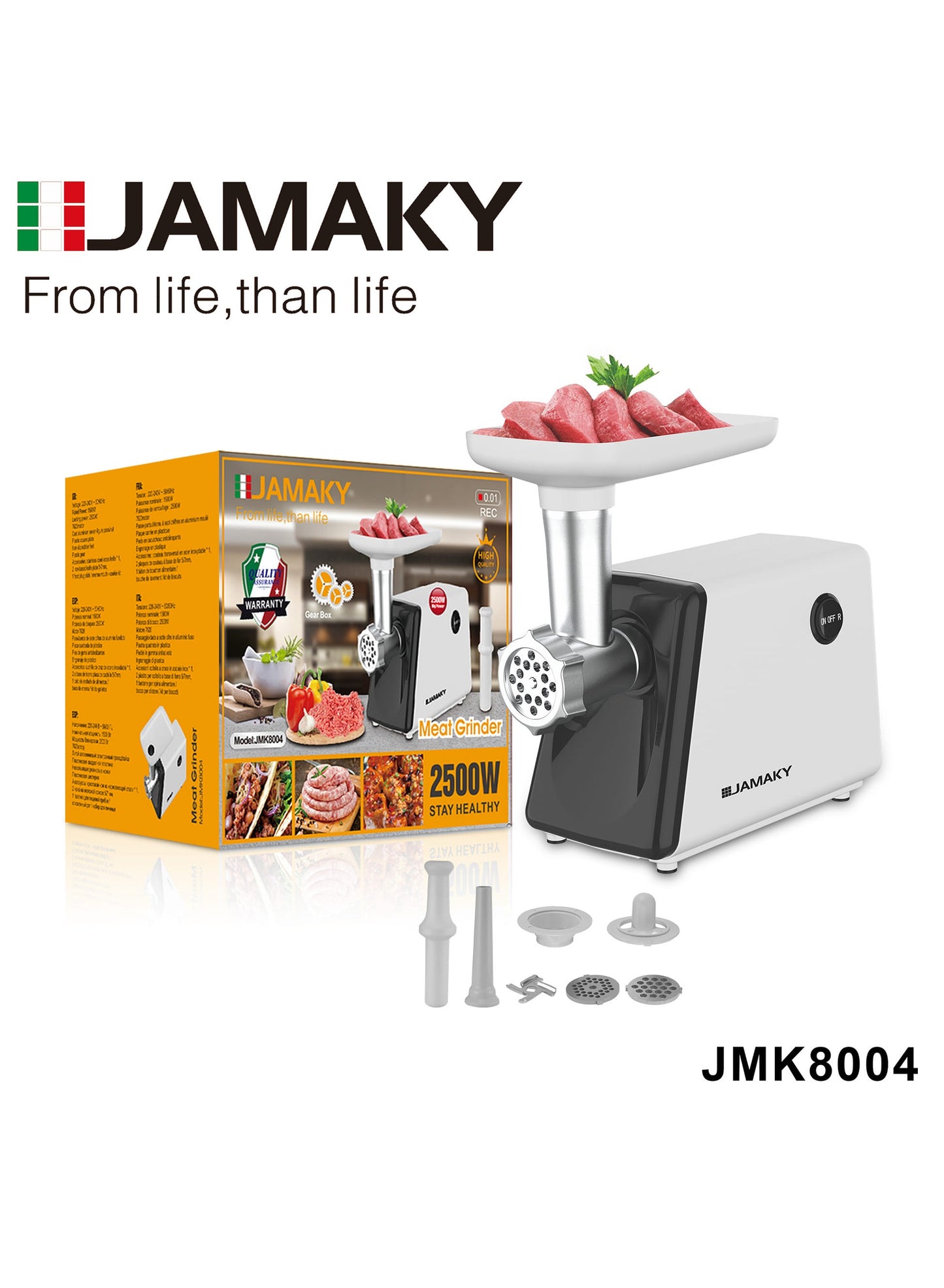 JAMAKY Italy A meat grinder with Italian technology, a 2500 watt device designed for home use, white, model JMK8004, containing a cast aluminum head, a square plastic food tray, non-slip rubber feet, and plastic gears.