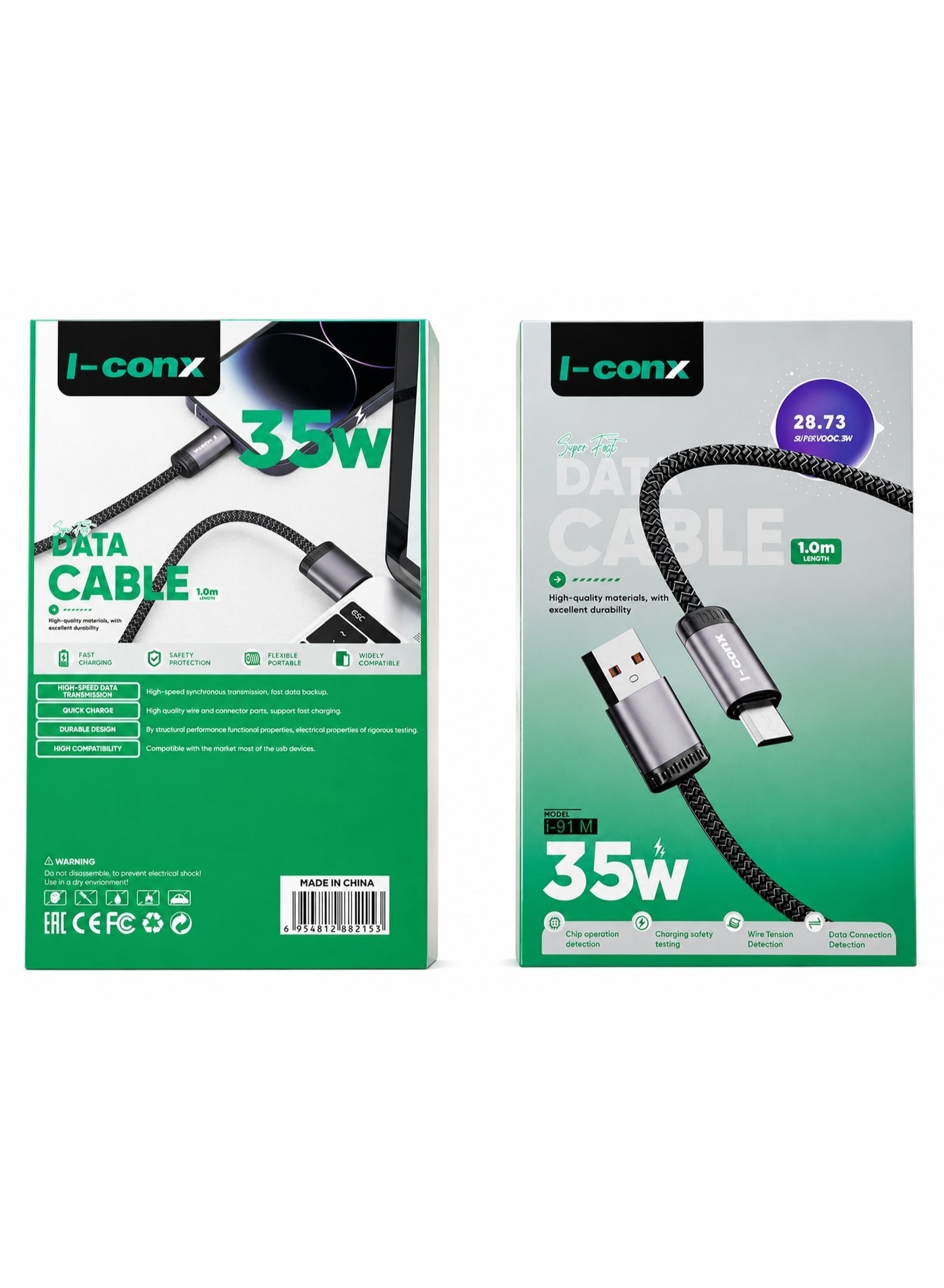 كابل شحن I-conx i91m قوة 35W طول 1m منفذ Micro USB خامة TPE أسود