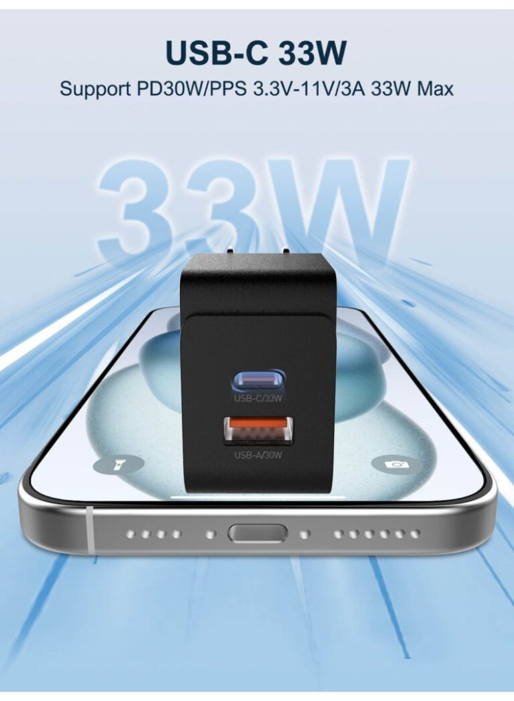 شاحن سفر LDNIO Q2 قوة 33W منفذين PD كابل Type-C أسود